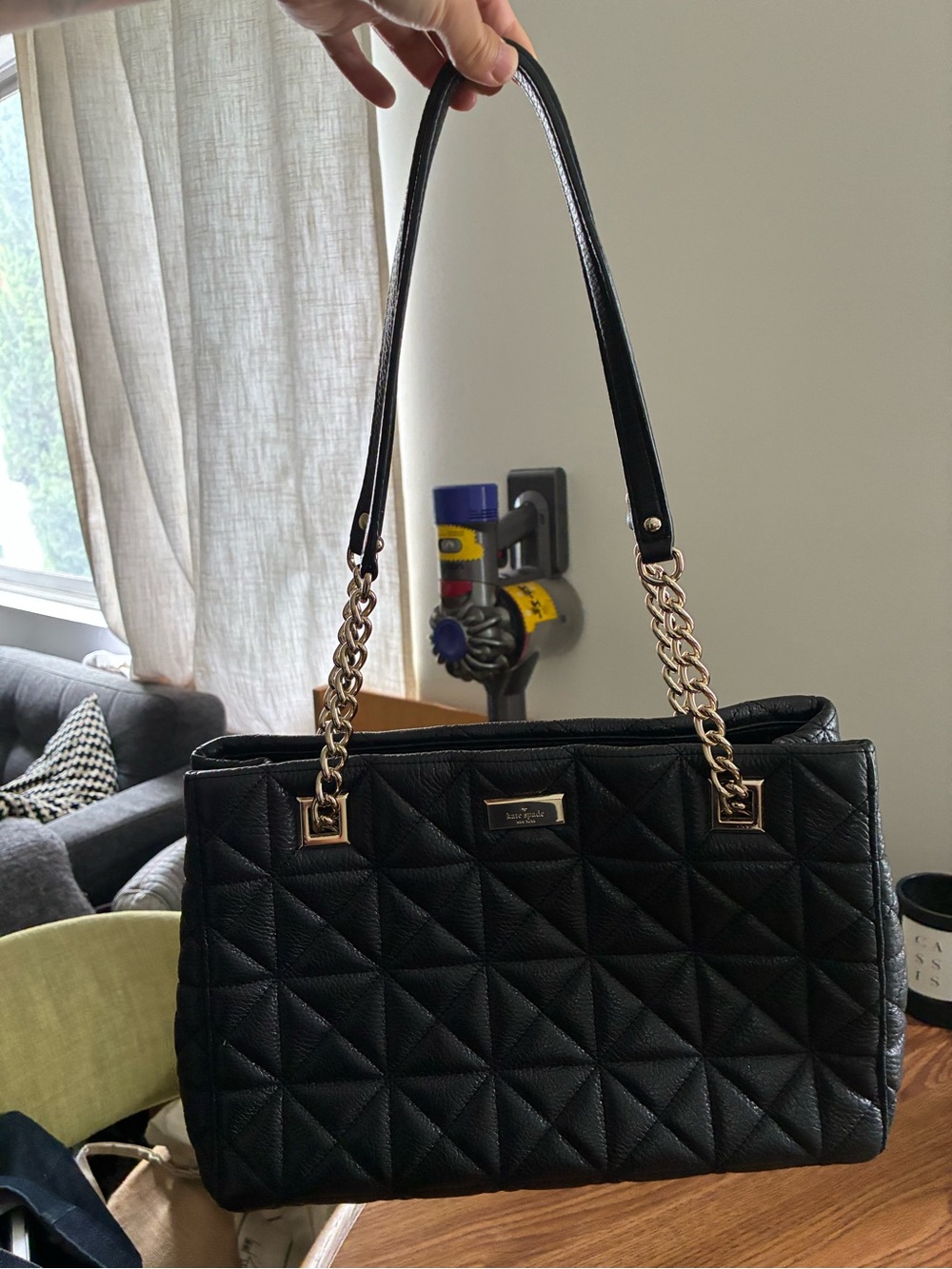 kate spade Black Quilted Shoulder Bag with Gold Chain Straps